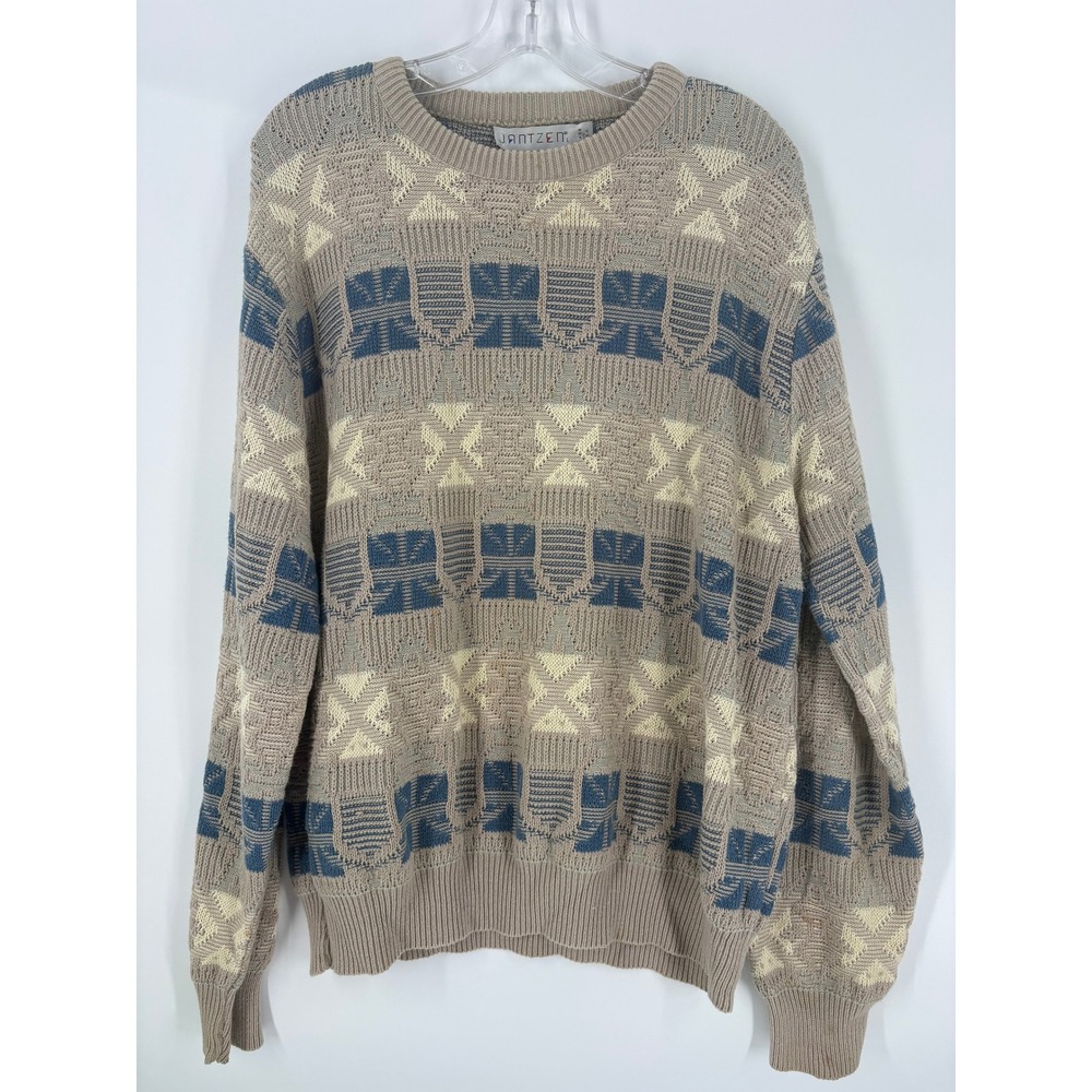 JANTZEN Mens Beige Blue Geometric Knit Sweater‎ Pullover Made USA Size L